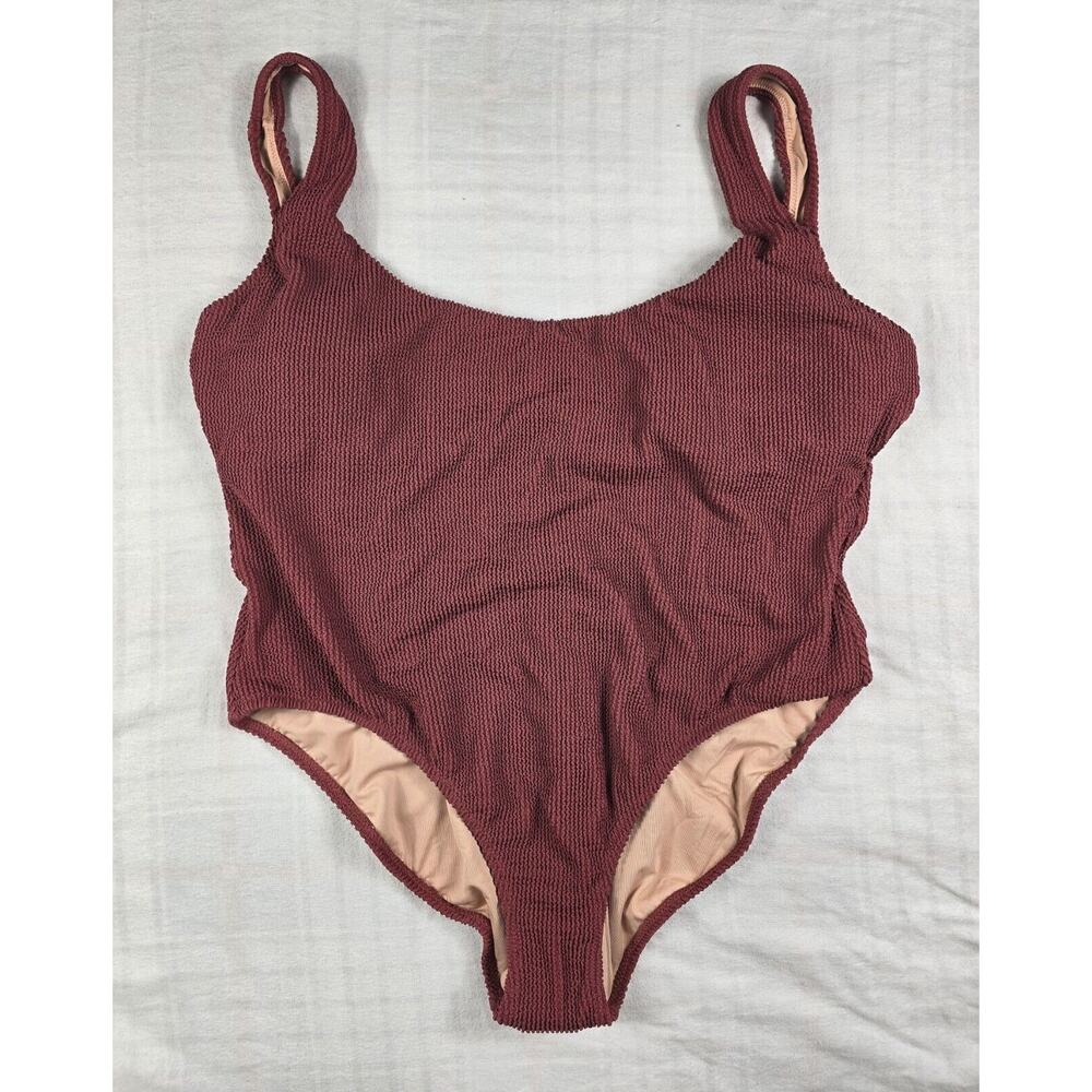 J. Crew Scrunchie Scoop Neck One Piece Swimsuit Rust Rose Red Seersucker Size 22